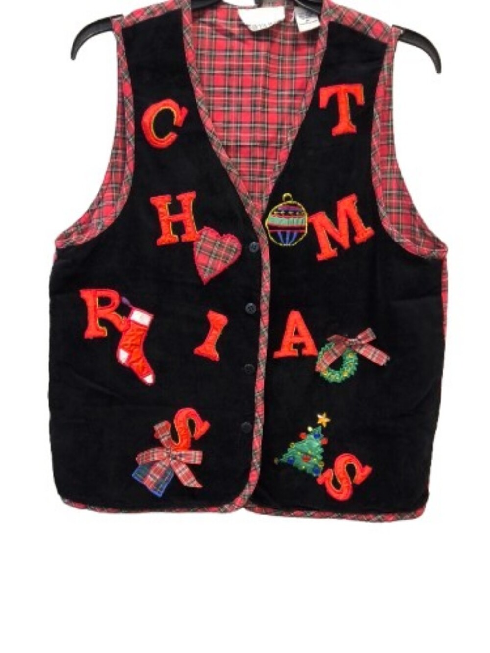 Vintage 90s Casey & Max Christmas Vest M Tartan Plaid Appliqué